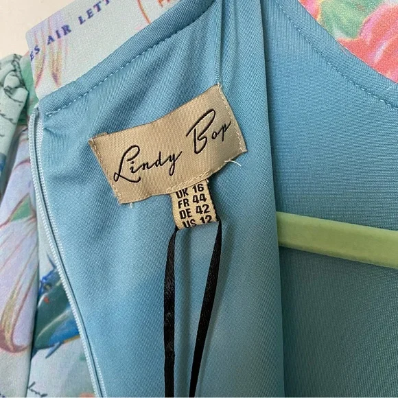 NWT Lindy Bop Retro Amelia Dress Mint Planes Floral Size US 12 Love Letters Blue - Picture 15 of 16